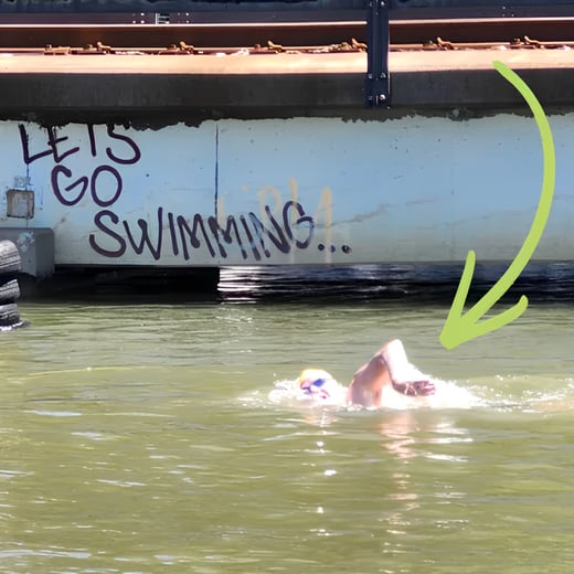 Jim Mannoia completing the 20 Bridges swim