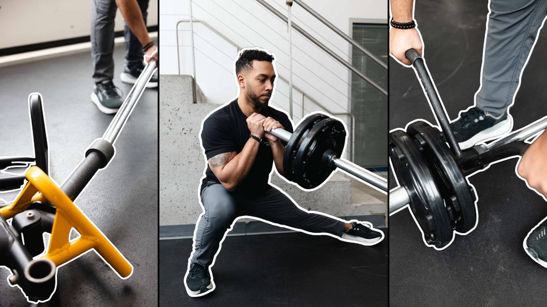 A collage of pictures featuring an Asphalt Green trainer demonstrating how to use the landmine machine