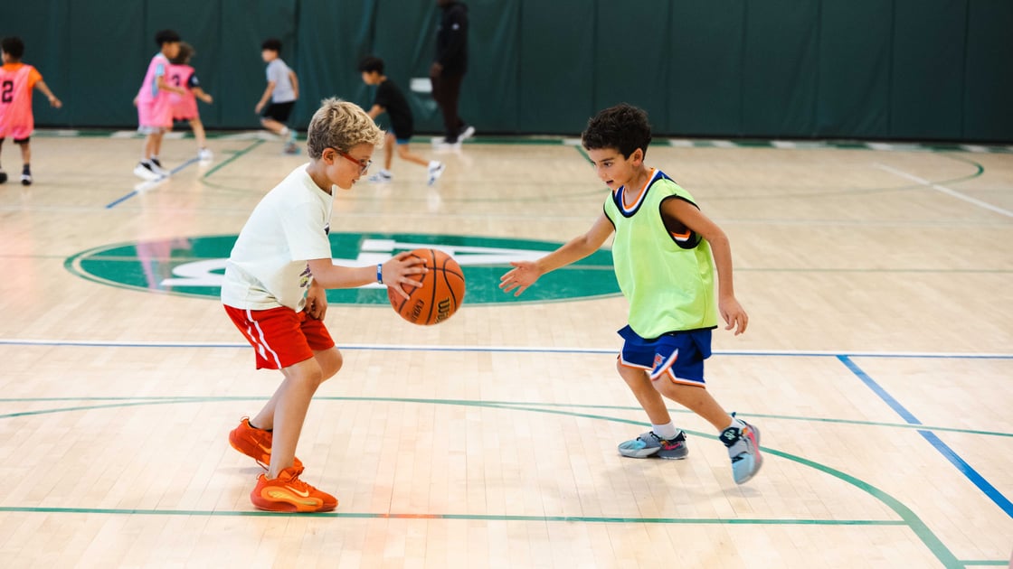Two boys playing basketball